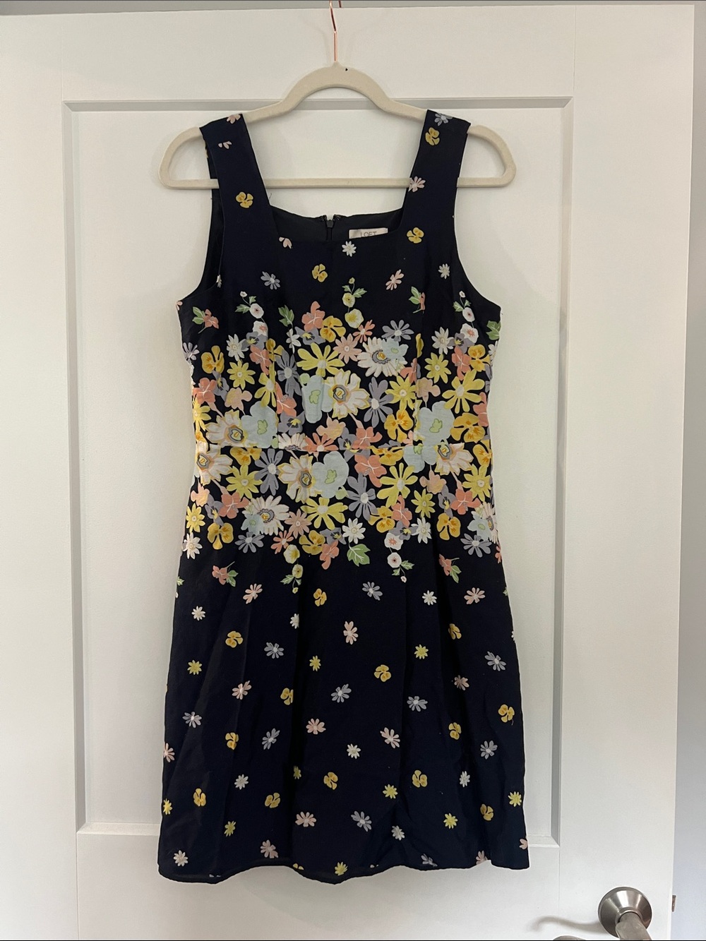LOFT Navy Floral Sleeveless Dress with Pastel Blooms